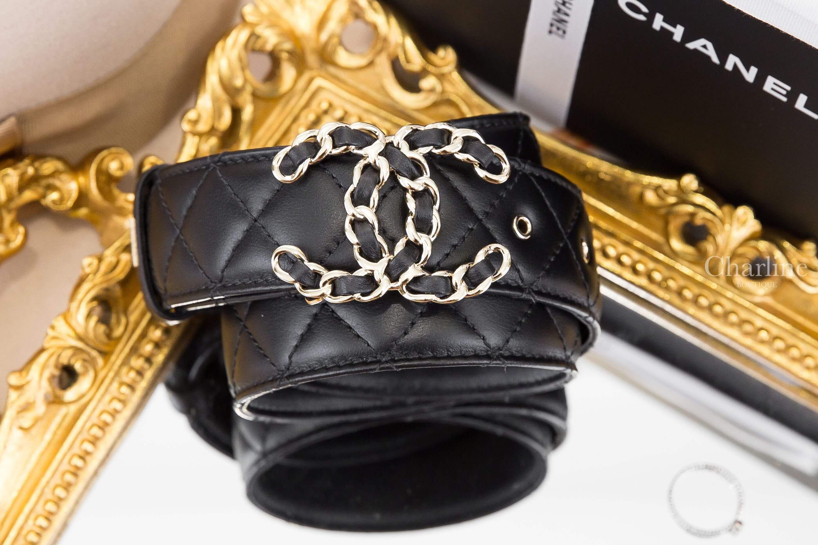 Chanel Leather Belt 黑色皮穿鍊金CC菱格紋小牛皮皮帶