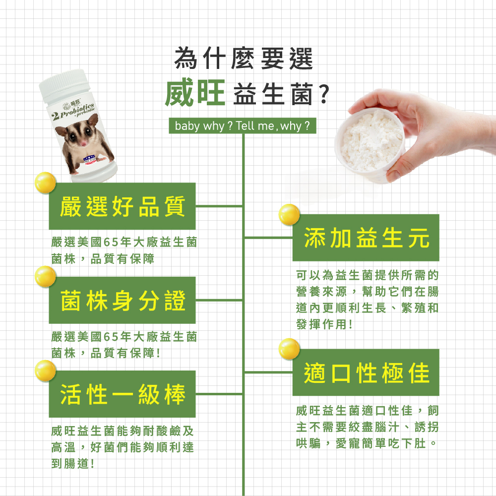 威旺益生菌產品特色介紹圖，強調嚴選美國65年大廠益生菌菌株、菌株身分證、耐酸耐熱高活性益生菌，添加益生元幫助腸道健康，適口性佳，適合寵物日常腸胃保健食用