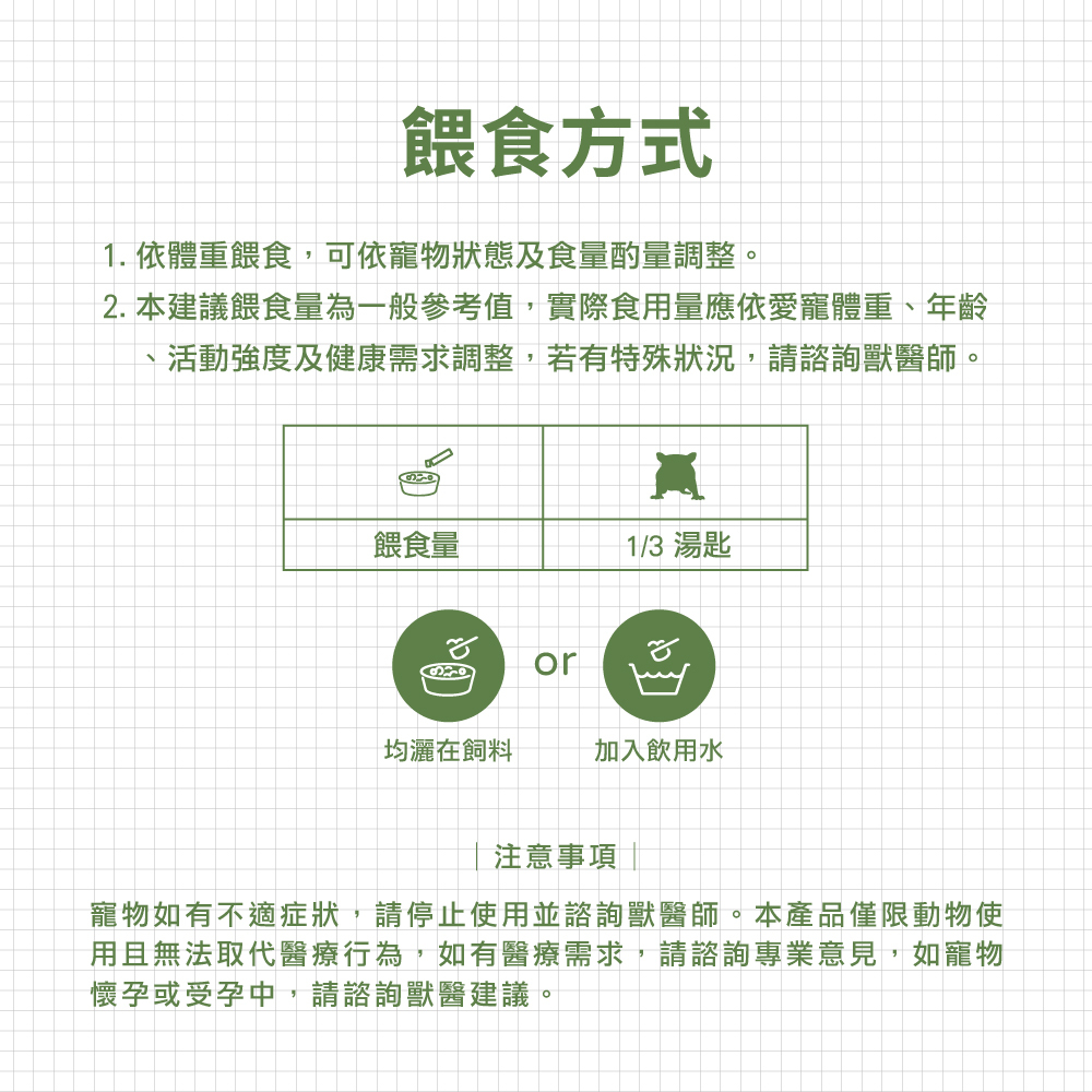 威旺蜜袋鼯腸胃二菌食用方式示意，可加入飼料內或搭配飲用水食用