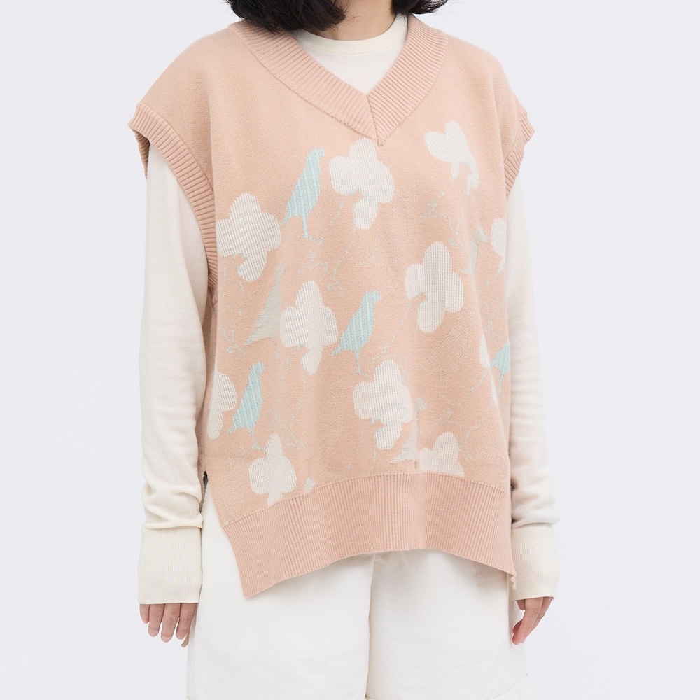 ニットベスト／海棠八哥 No.2／クリームベージュ／やわらかな冬の花