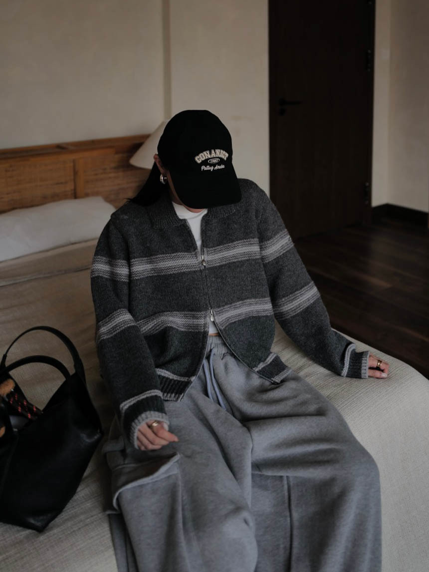 條紋針織上下拉鍊翻領毛衣*4色