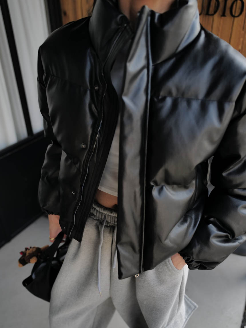 立領加厚寬鬆PU皮鋪棉外套*2色