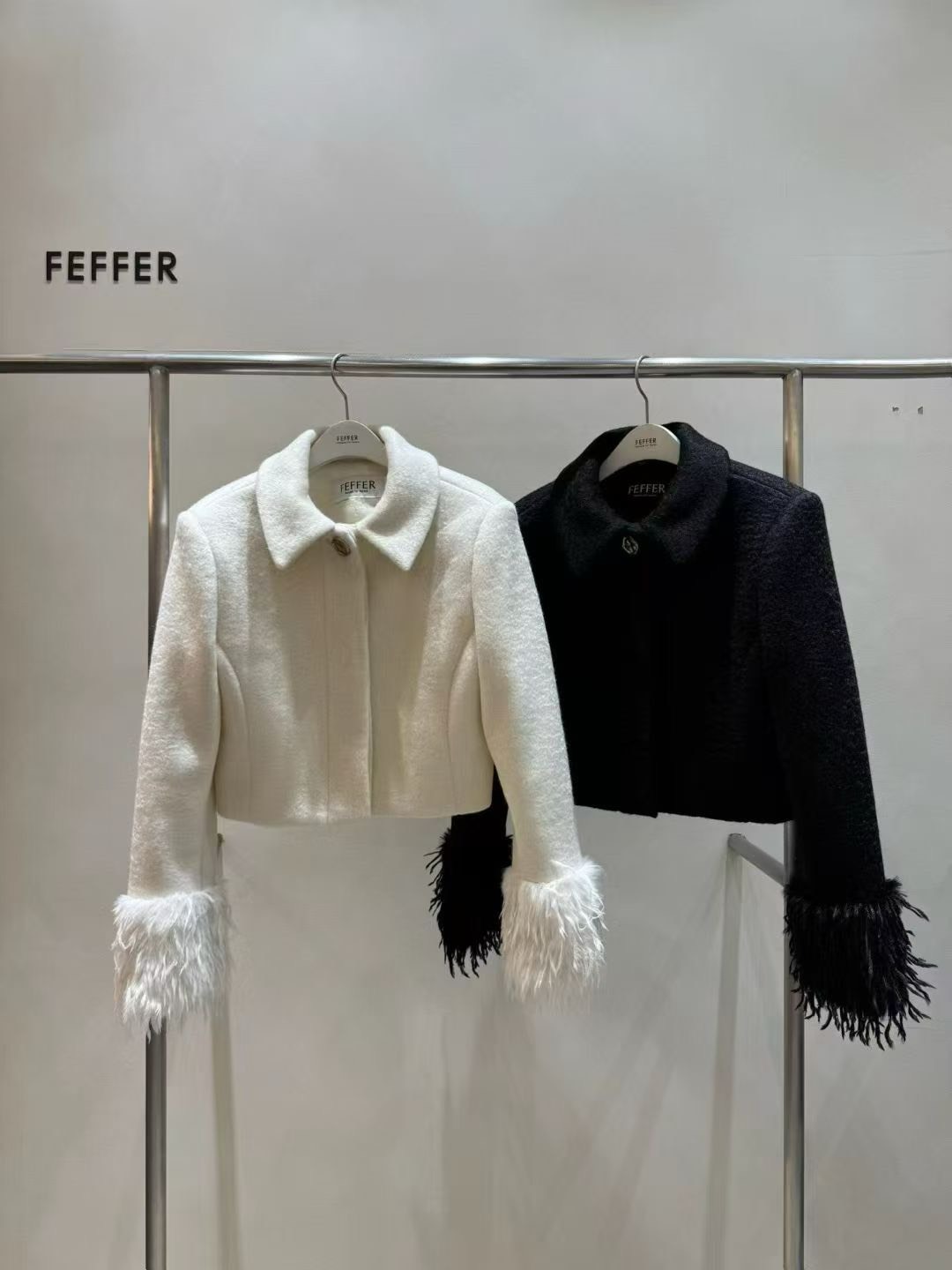 FEFFER 羽毛邊飾短版毛呢外套