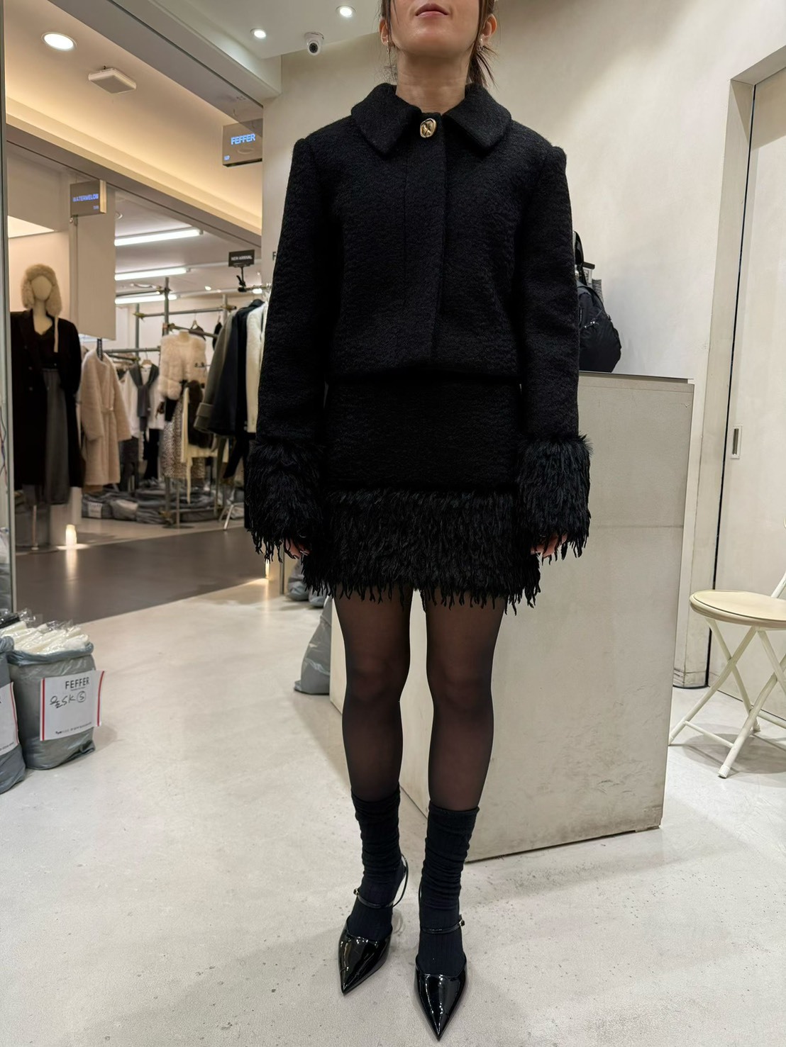FEFFER 羽毛邊飾短版毛呢外套
