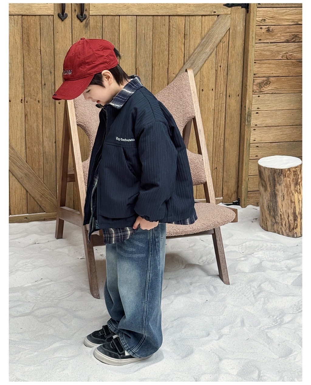 格紋襯衫拼接假兩件棒球外套