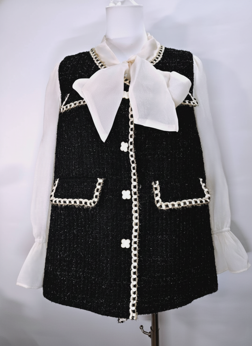 韓系名媛風小香編織背心雪紡套裝 C82