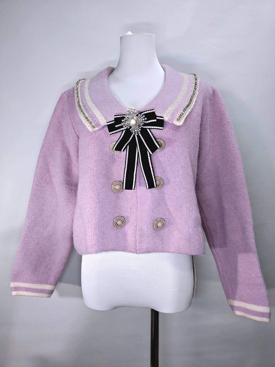 法式名媛風珍珠大翻領蝴蝶結針織外套 C84