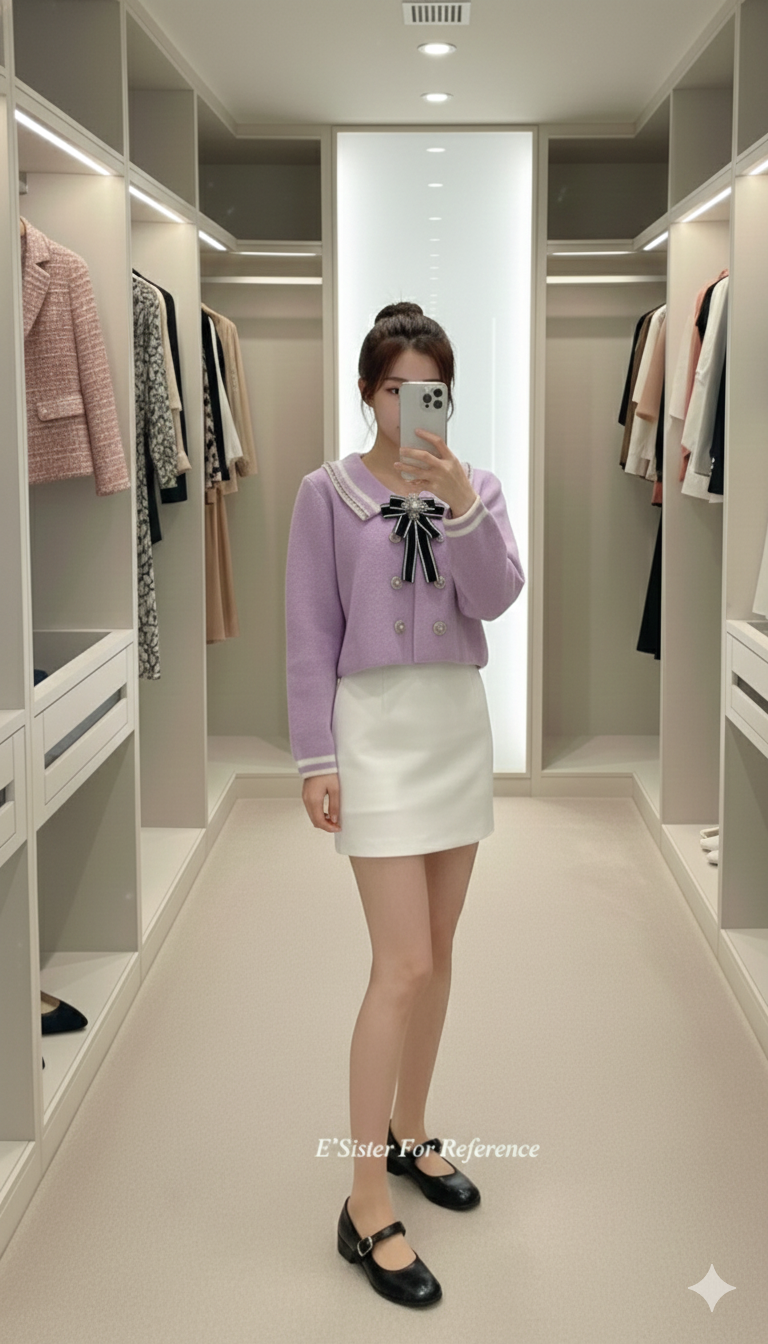 法式名媛風珍珠大翻領蝴蝶結針織外套 C84