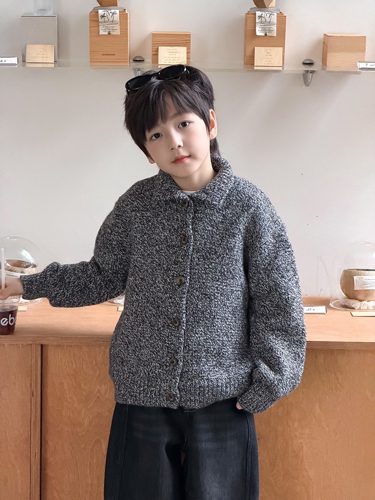 混灰羊絨翻領排釦開衫