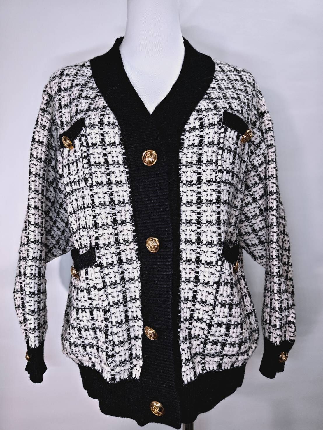 法式小香風金扣黑白格紋針織外套 C86