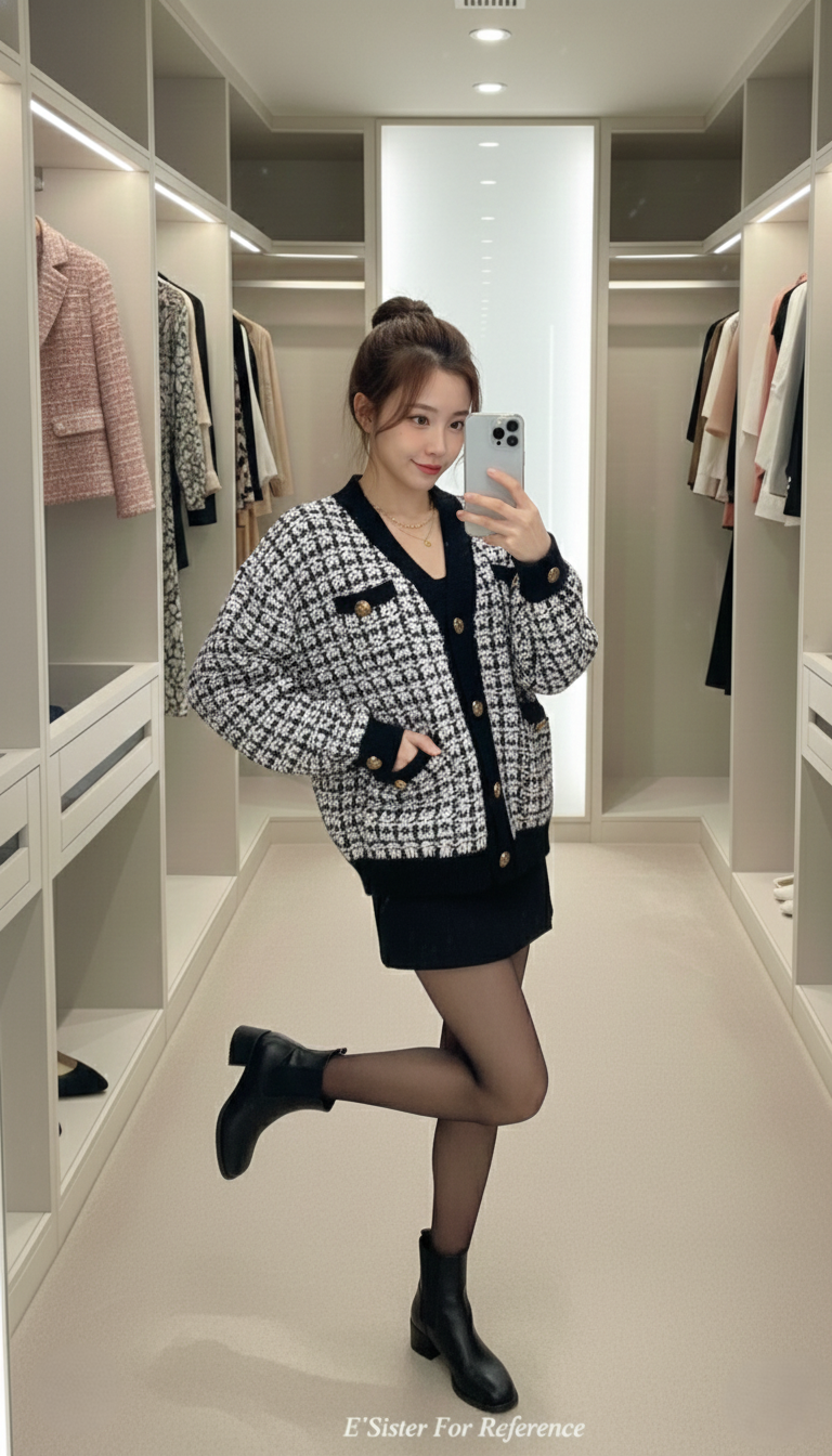 法式小香風金扣黑白格紋針織外套 C86