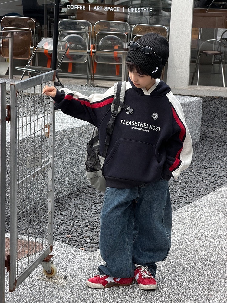 賽車風撞色連帽磨毛衛衣