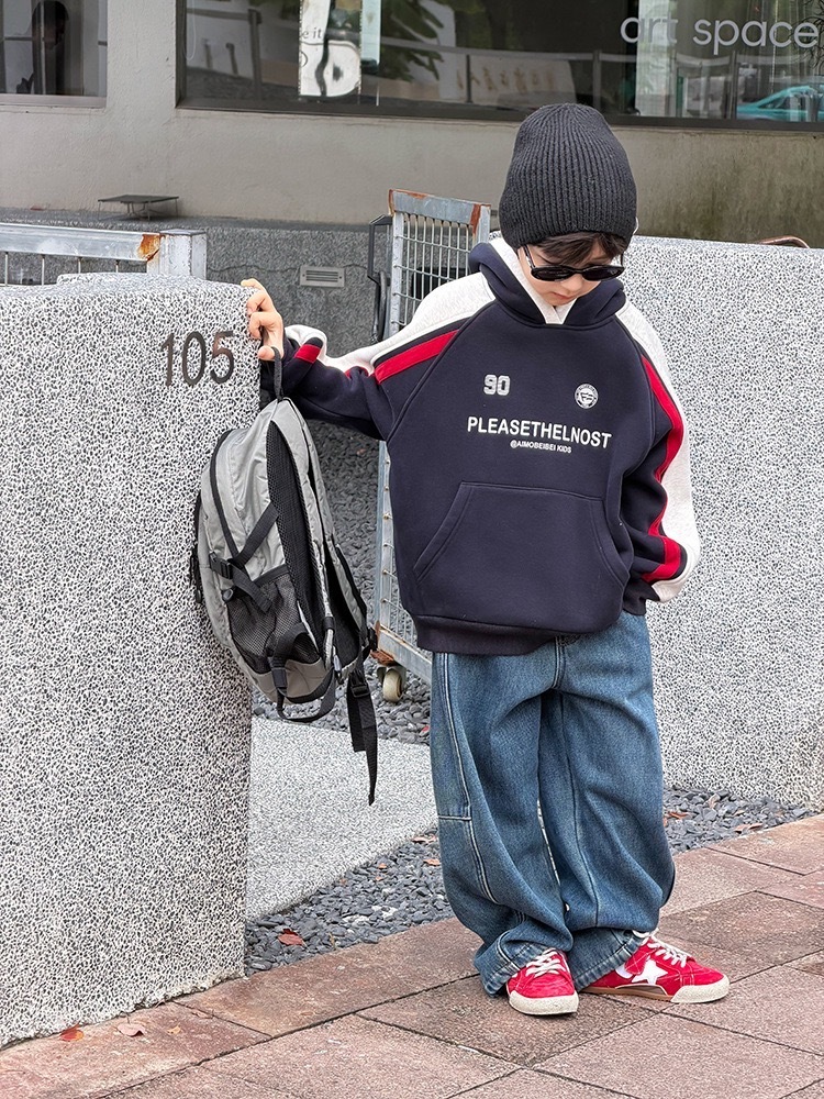 賽車風撞色連帽磨毛衛衣