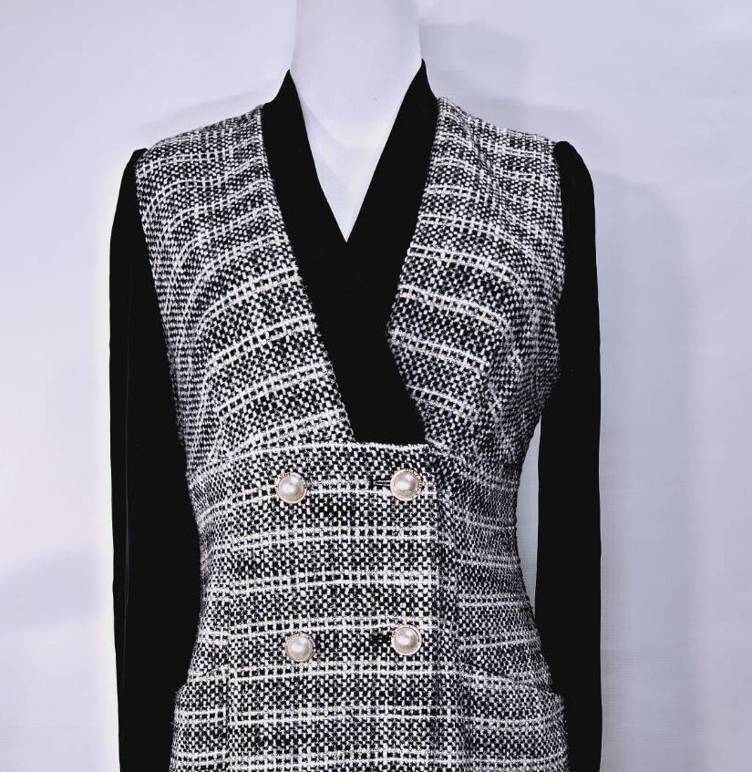 法式優雅黑白細格紋連身裙 C89