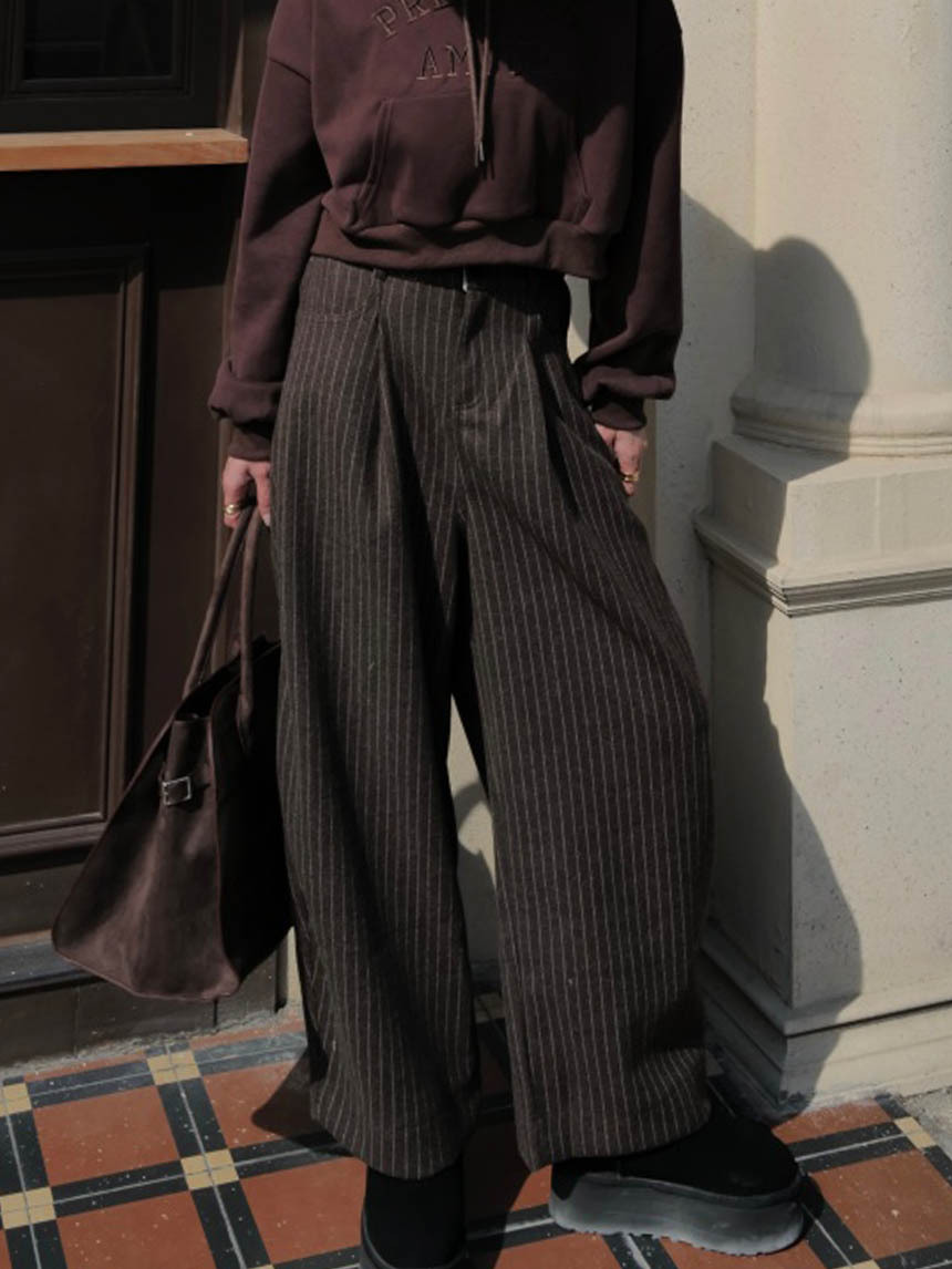 直條紋毛呢褲*2色