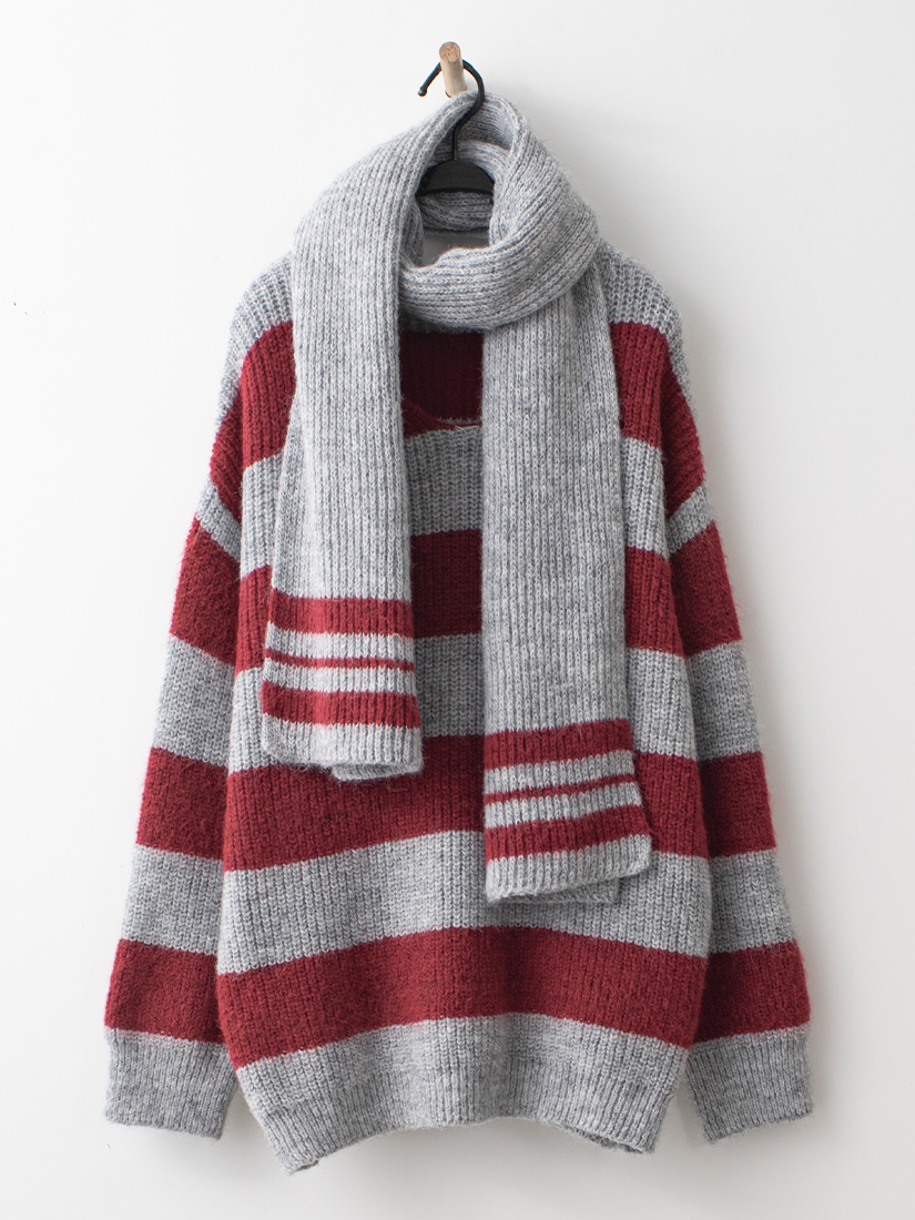 配色條紋鬆軟粗針長版毛衣(附圍巾)