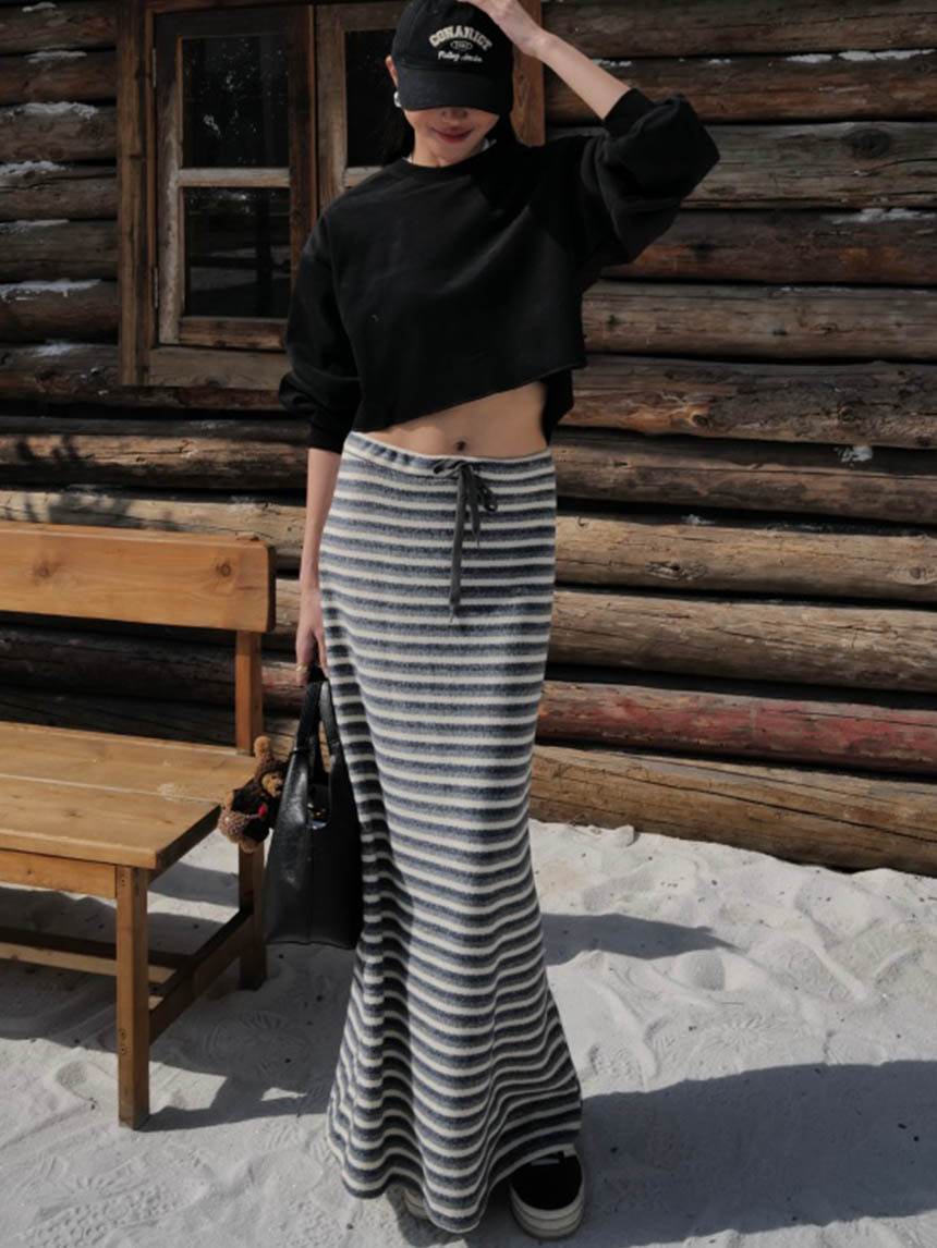 休閒橫條紋長裙*2色