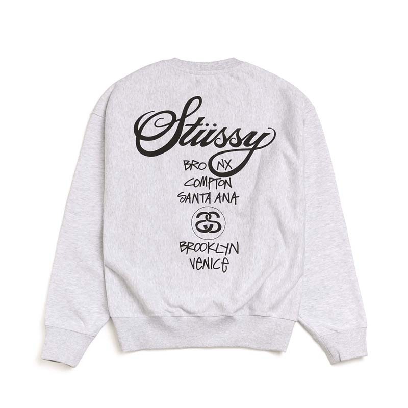 Stussy World Tour Crew Ash Heather 長袖 大學T 灰色 3913962-AR [台灣現貨]