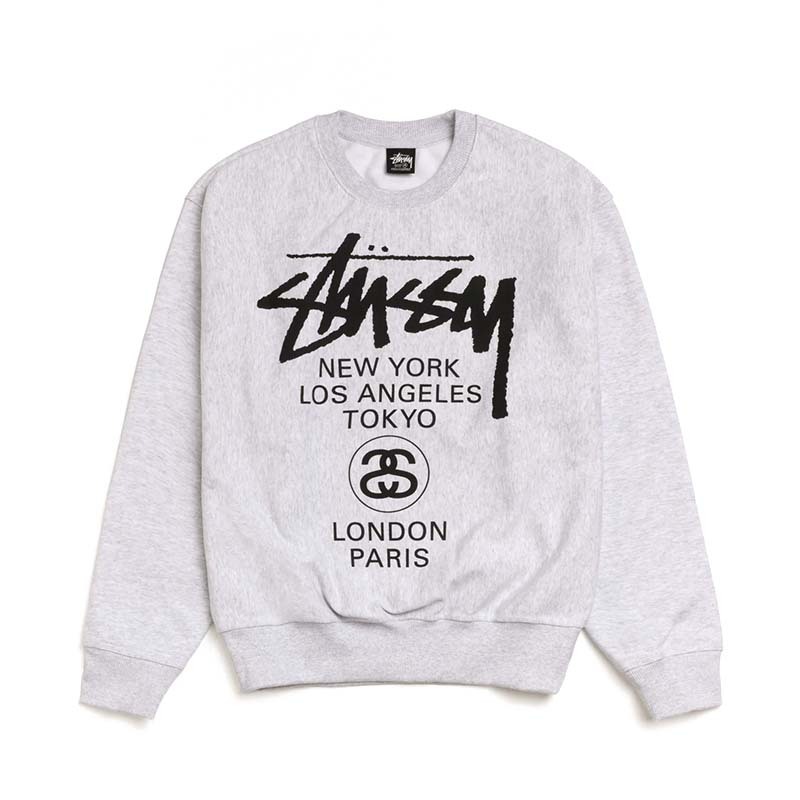 Stussy World Tour Crew Ash Heather 長袖 大學T 灰色 3913962-AR [台灣現貨]