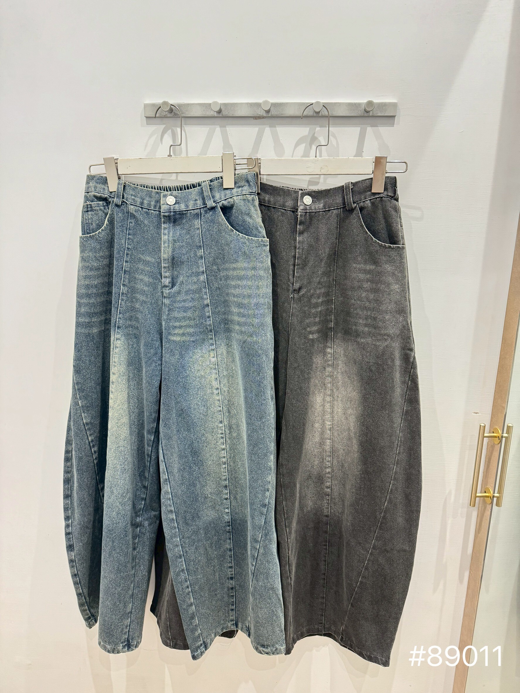 刷色後鬆緊牛仔繭型褲S