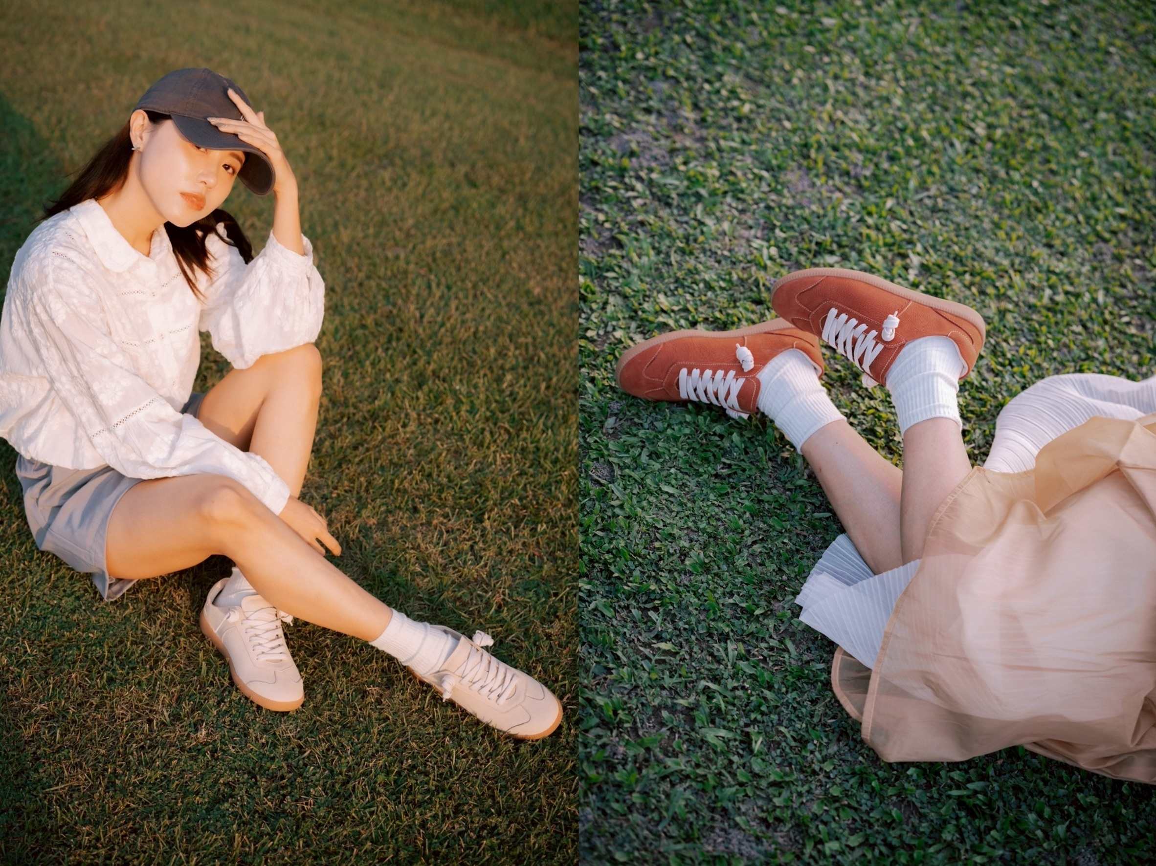 Sanly Joy 熱銷色系大對決，比較奶茶色與米白色真皮鞋款的差異，左邊展示適合大地色穿搭的溫柔奶茶色，右邊展示適合極簡風格的清爽米白色，幫助消費者根據膚色與穿搭風格挑選命定鞋款。