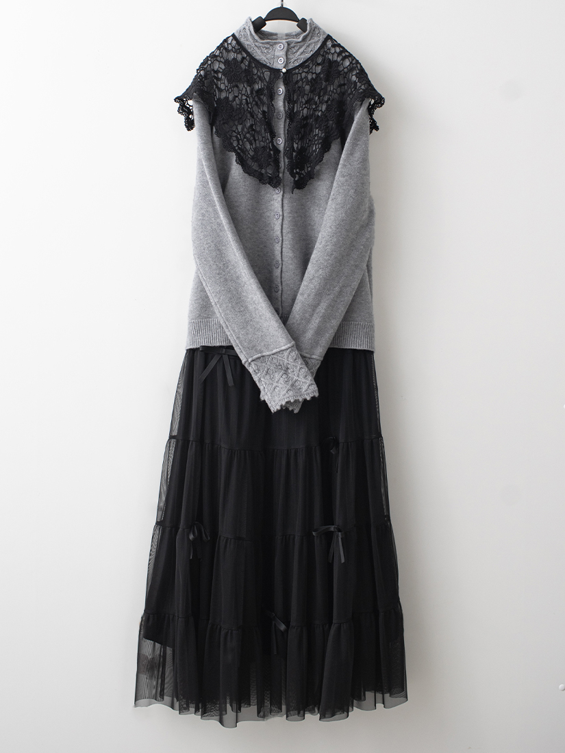 鏤空蕾絲領針織外套緞帶蛋糕紗裙組合