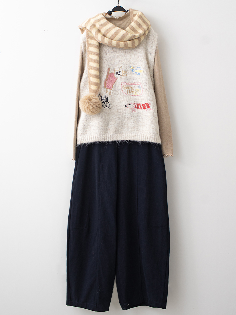 日系針織背心立領內搭上衣磨毛感繭型褲組合