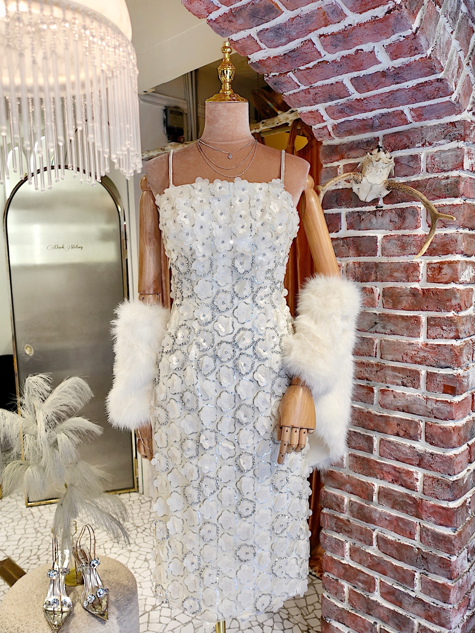 Cream White奶油白色立體水鑽亮片花卉Dress