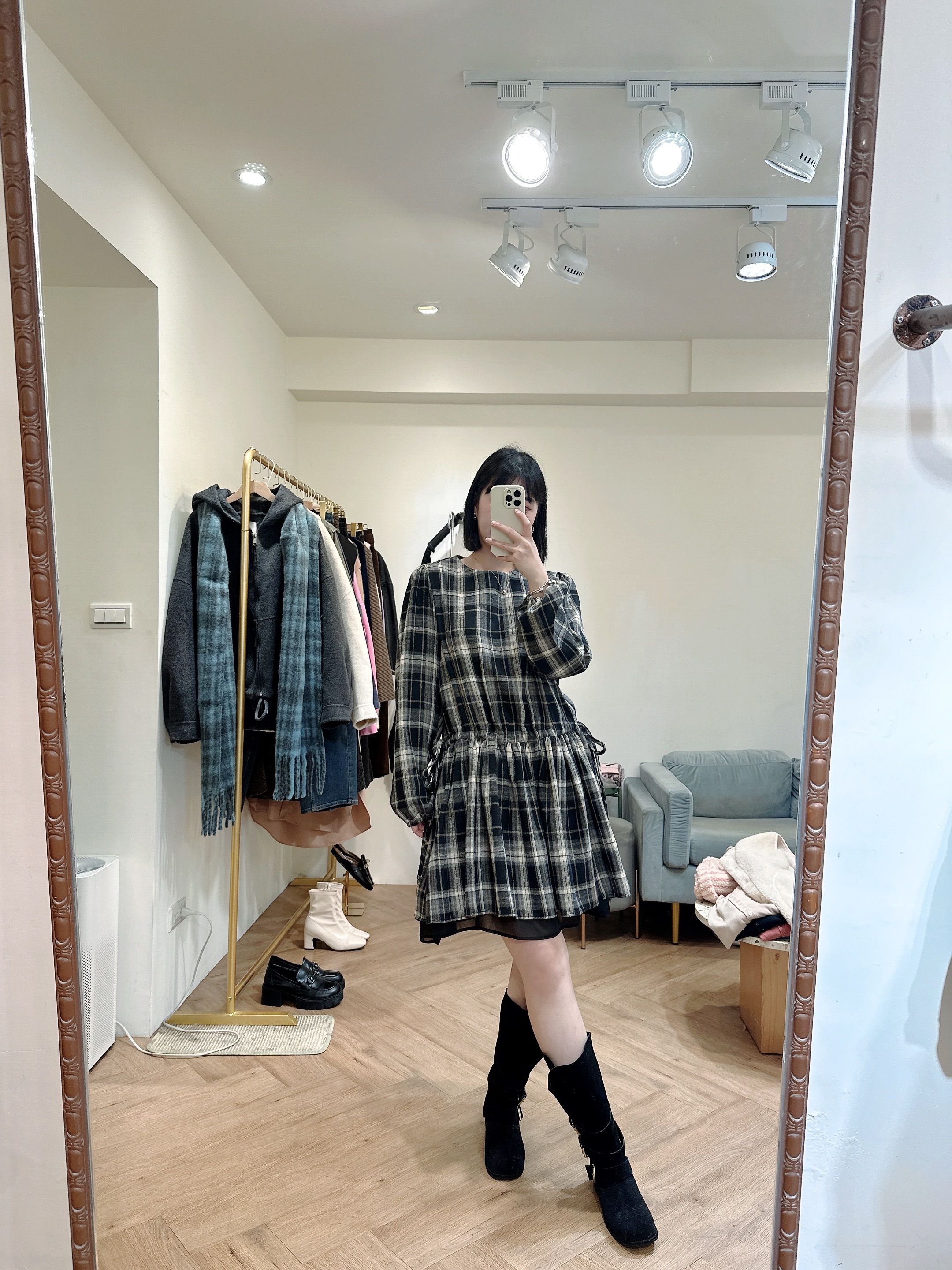 格紋下透紗洋裝