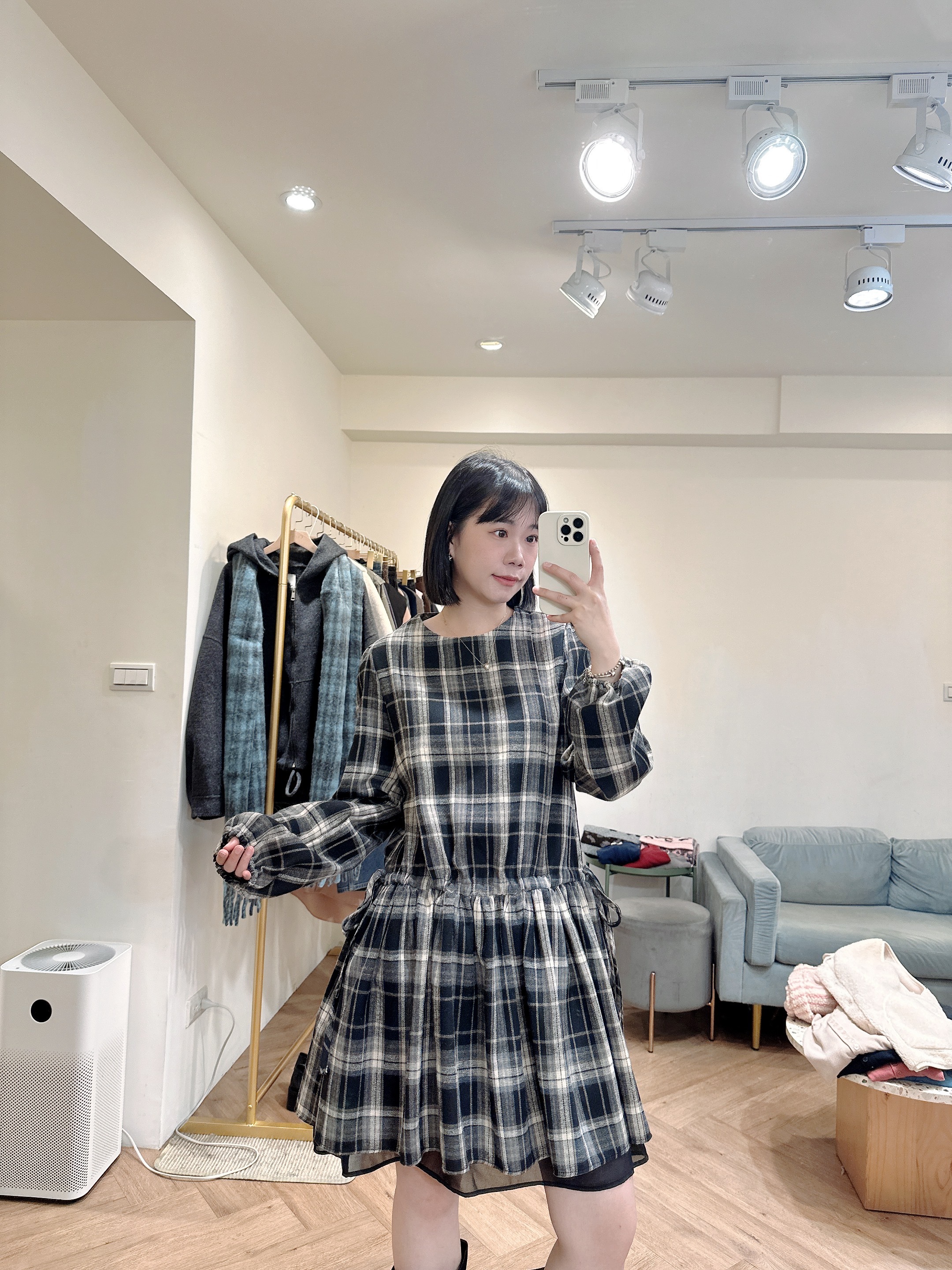 格紋下透紗洋裝