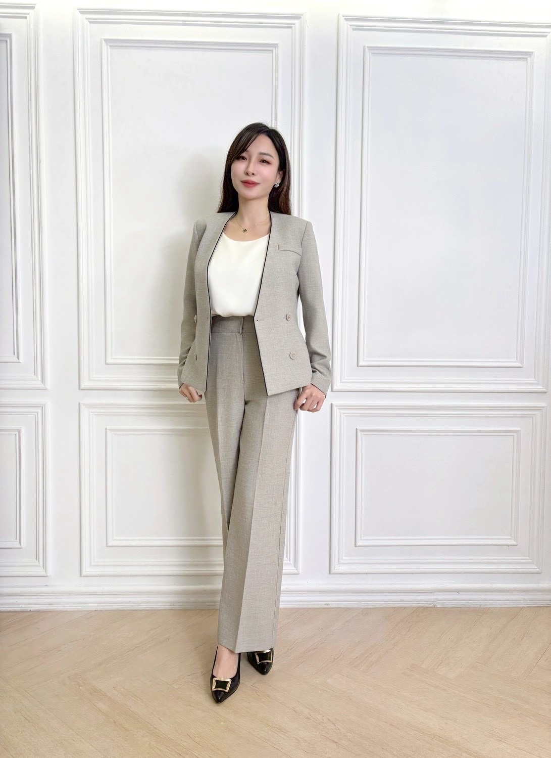 滾邊織紋雙排釦西裝套裝