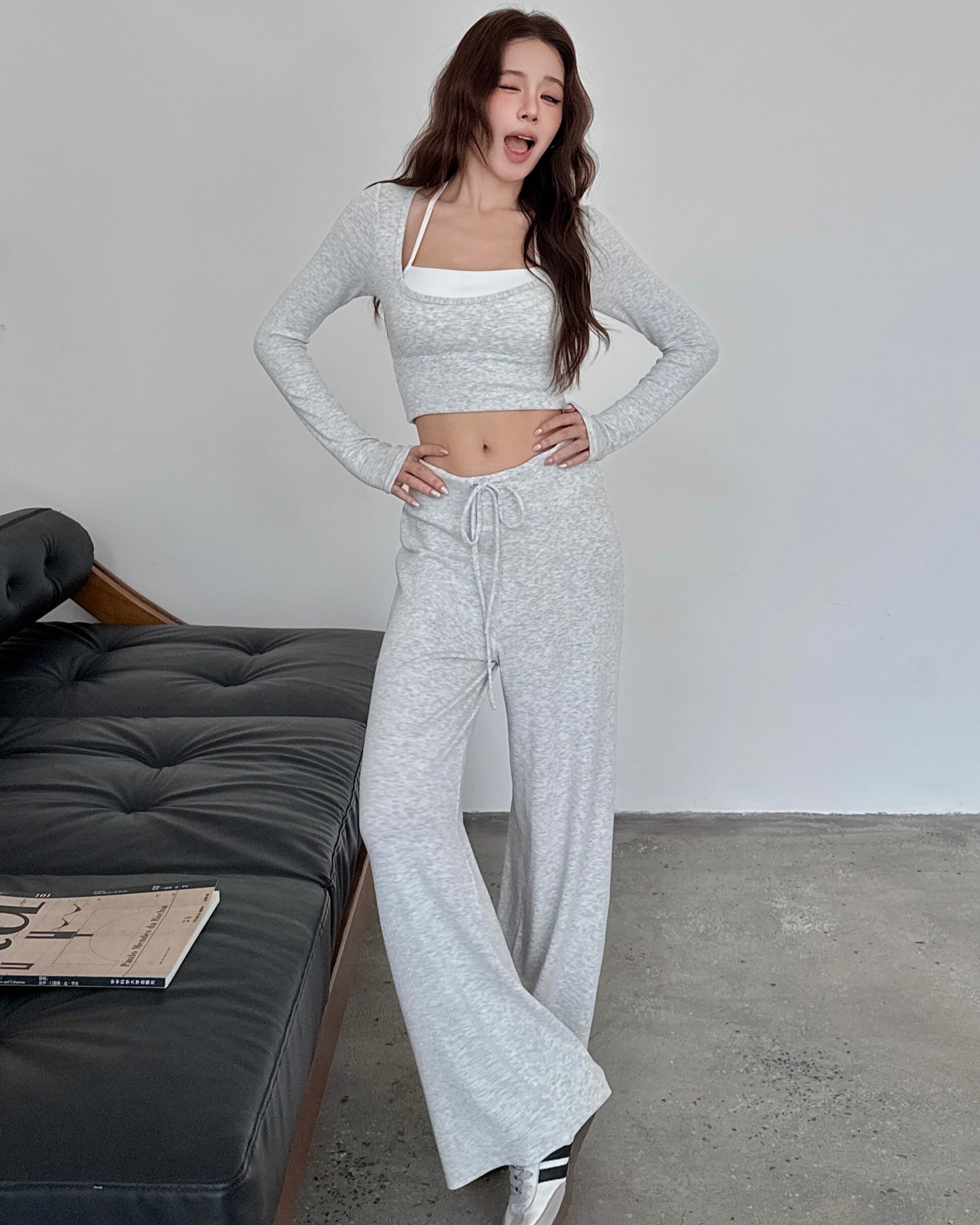 LOOSE幕斯薄感綁帶寬鬆棉褲-灰