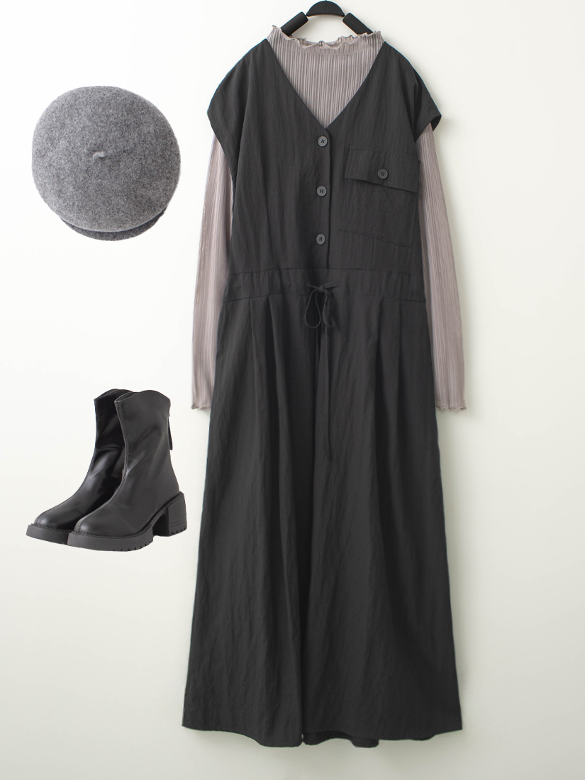 紋理感綁帶無袖長洋裝木耳邊條紋上衣組合