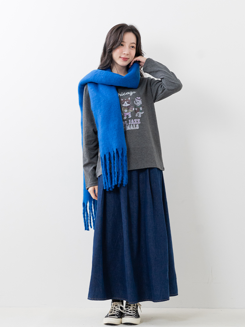 貓咪印花上衣百褶A字牛仔裙組合