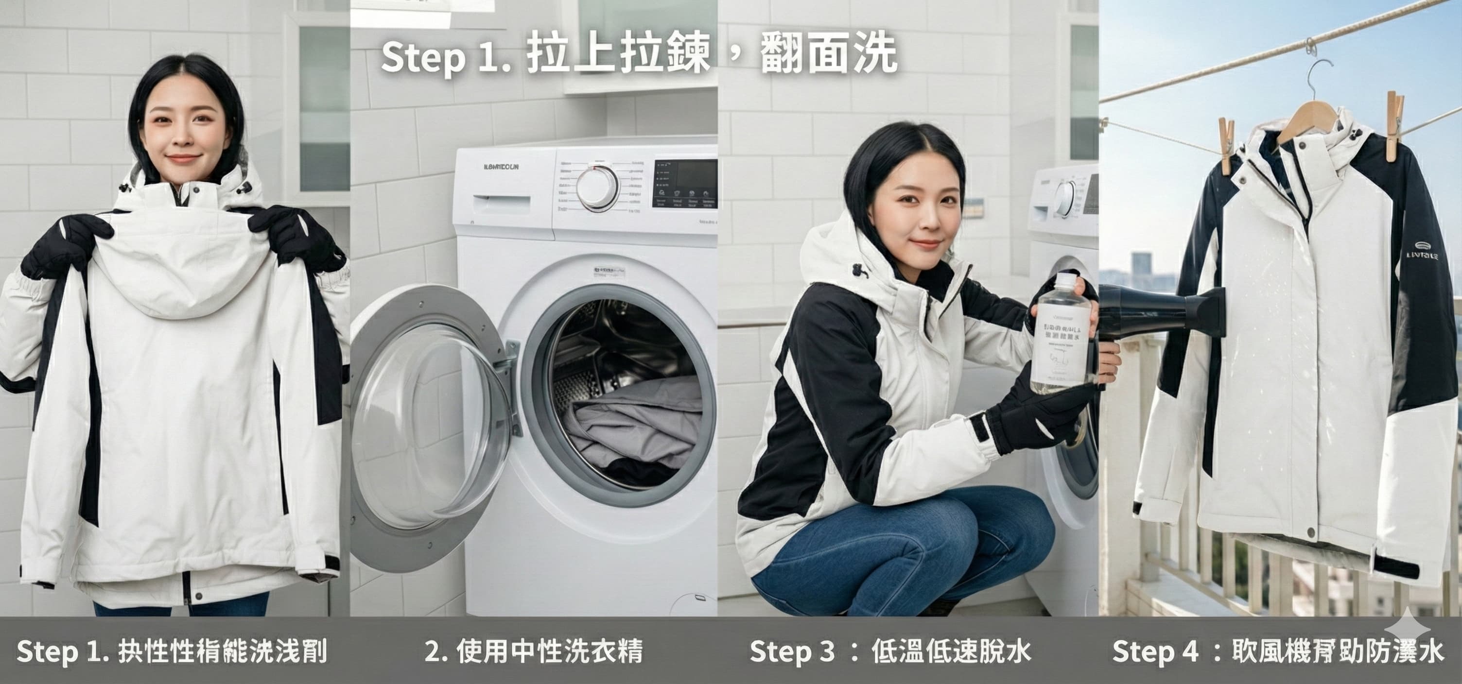 LÄCHELN 小雷示範白色兩件式防水外套保養