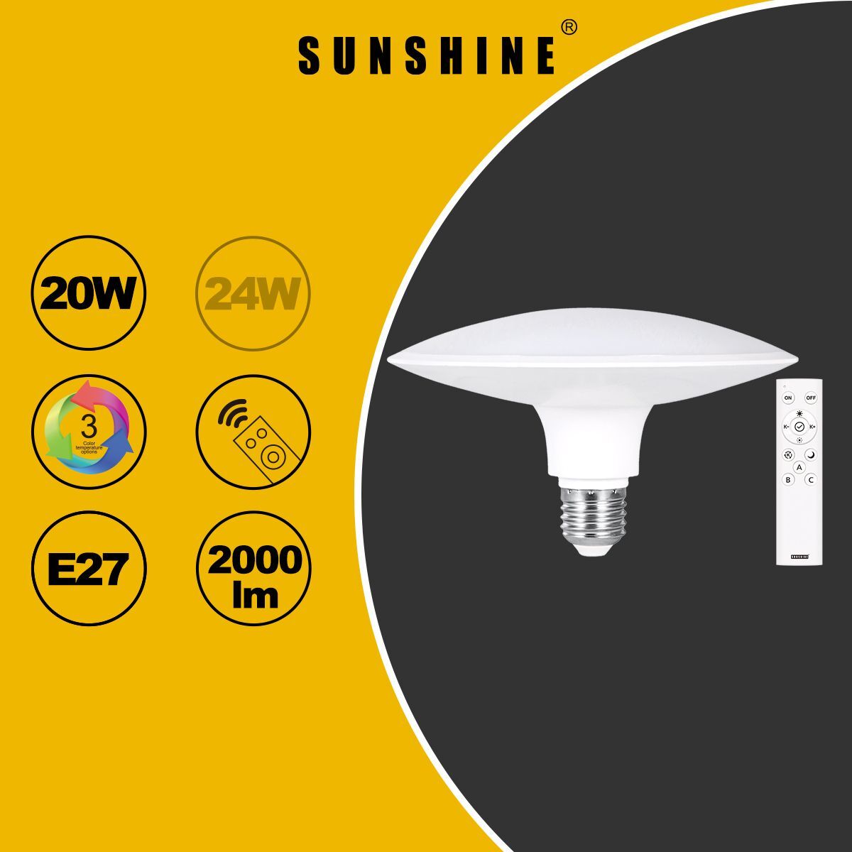 LED燈膽(遙控飛碟燈套裝) 20W E27大螺頭 可調光暗+三色溫 (LUFOB-20E27RC)