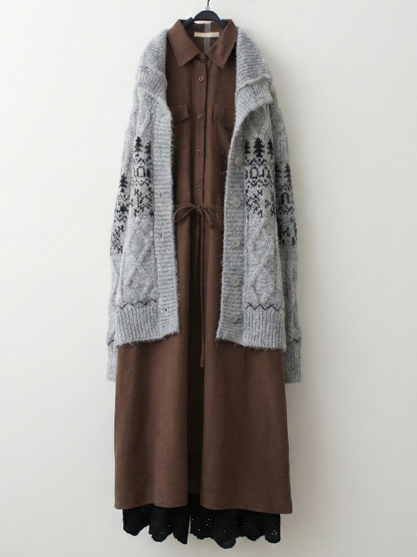 麻花針織外套桃面絨長版洋裝繡花寬褲組合