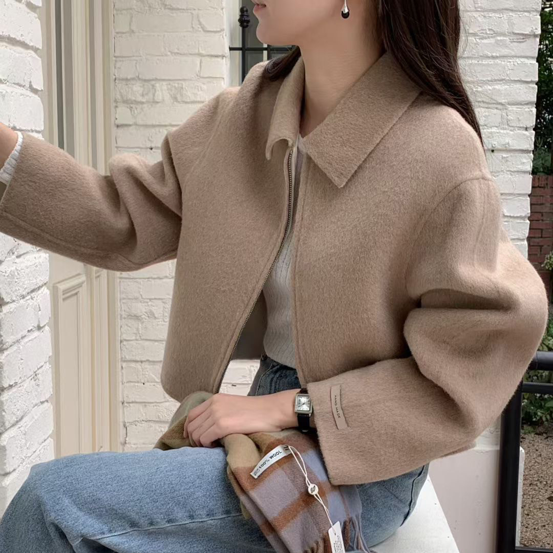 翻領拉鍊造型短版手工羊毛外套 / 3色