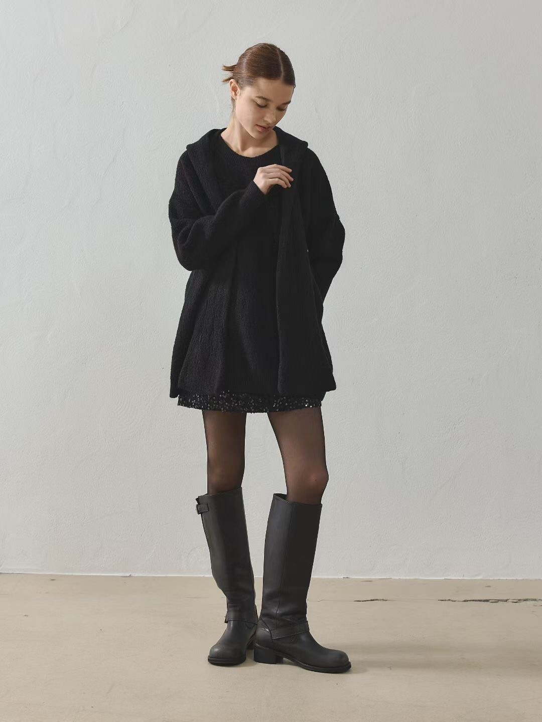 連帽雙口袋造型圍巾披肩+毛衣SET / 2色