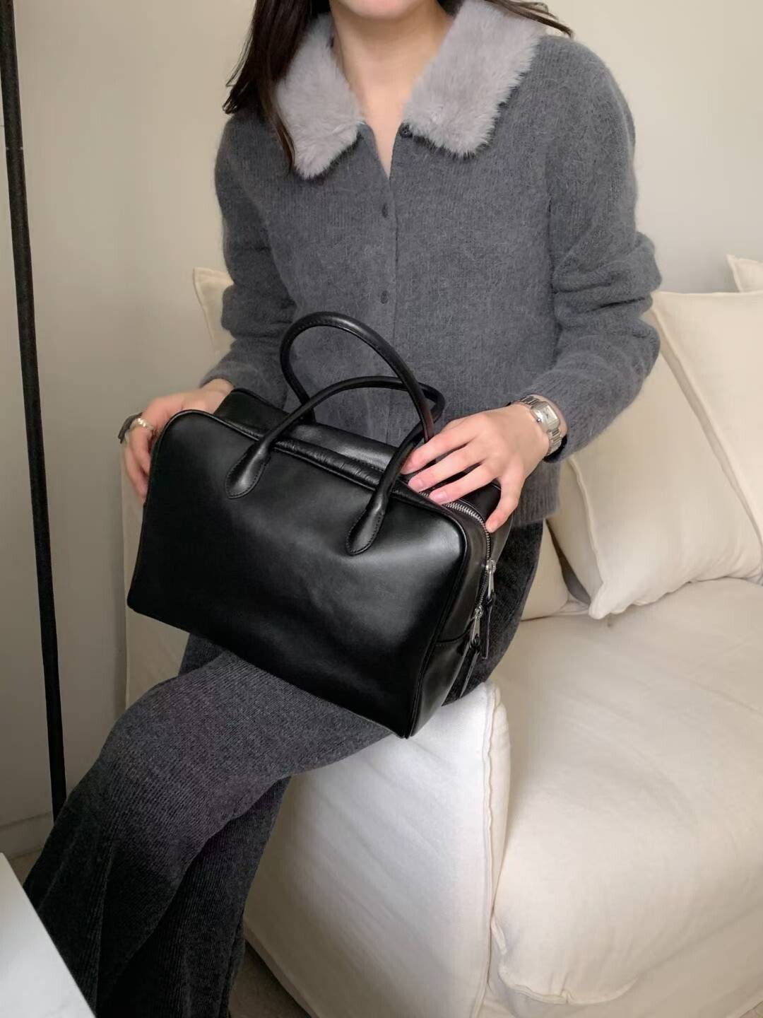 質感灰配色毛領造型排釦上衣罩衫