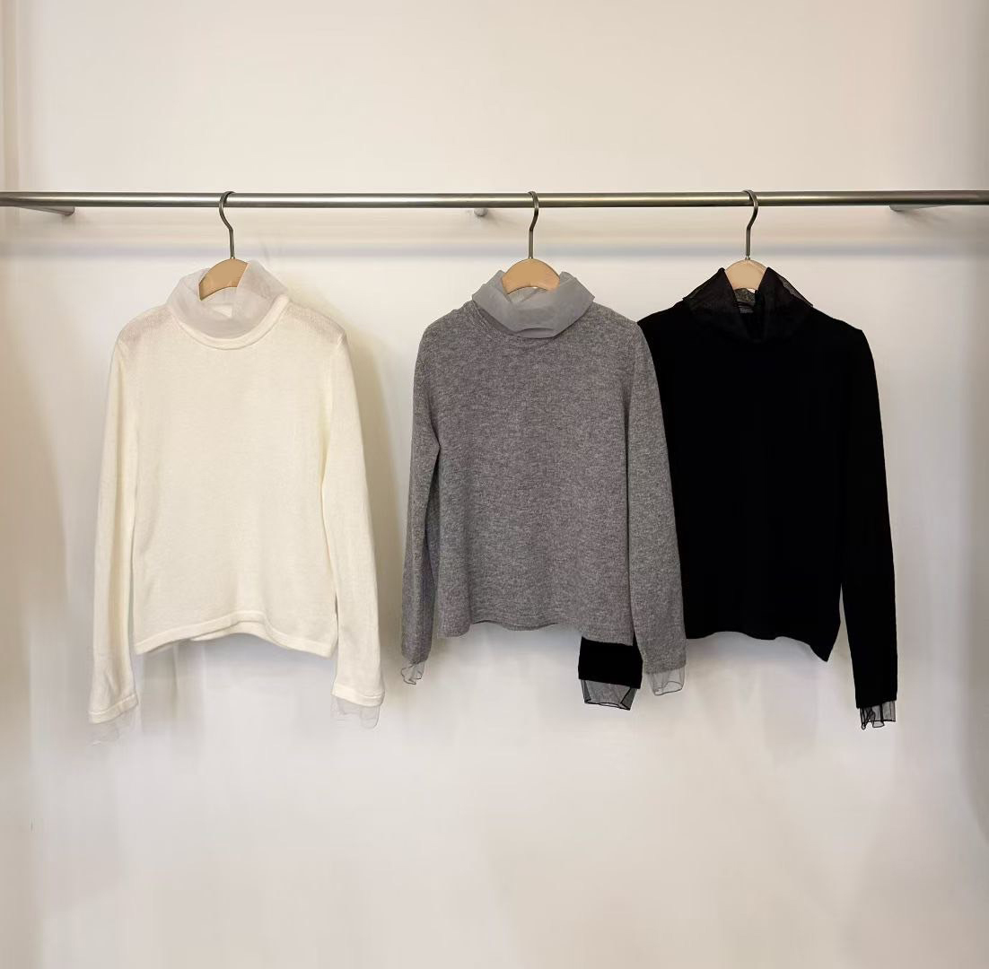 同色系歐根紗高領手袖拼接長袖上衣 / 3色