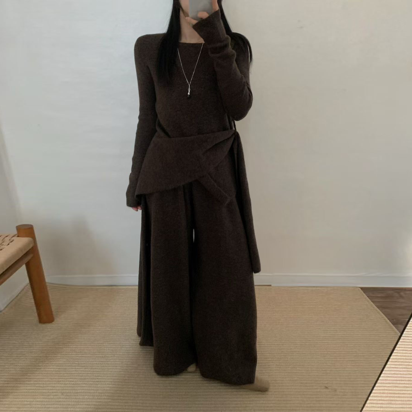 交疊織帶造型圓領針織上衣+寬褲SET / 3色