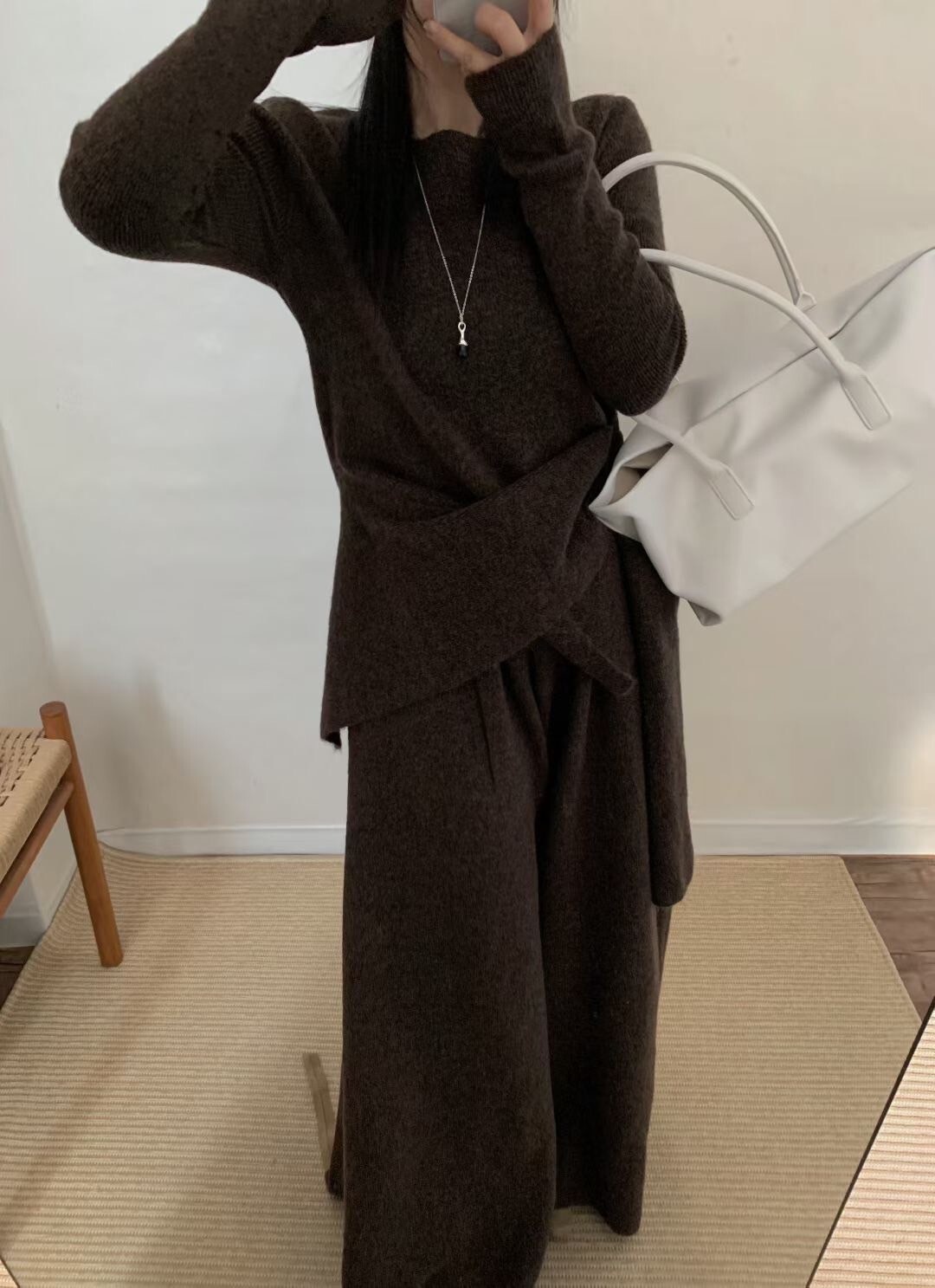 交疊織帶造型圓領針織上衣+寬褲SET / 3色