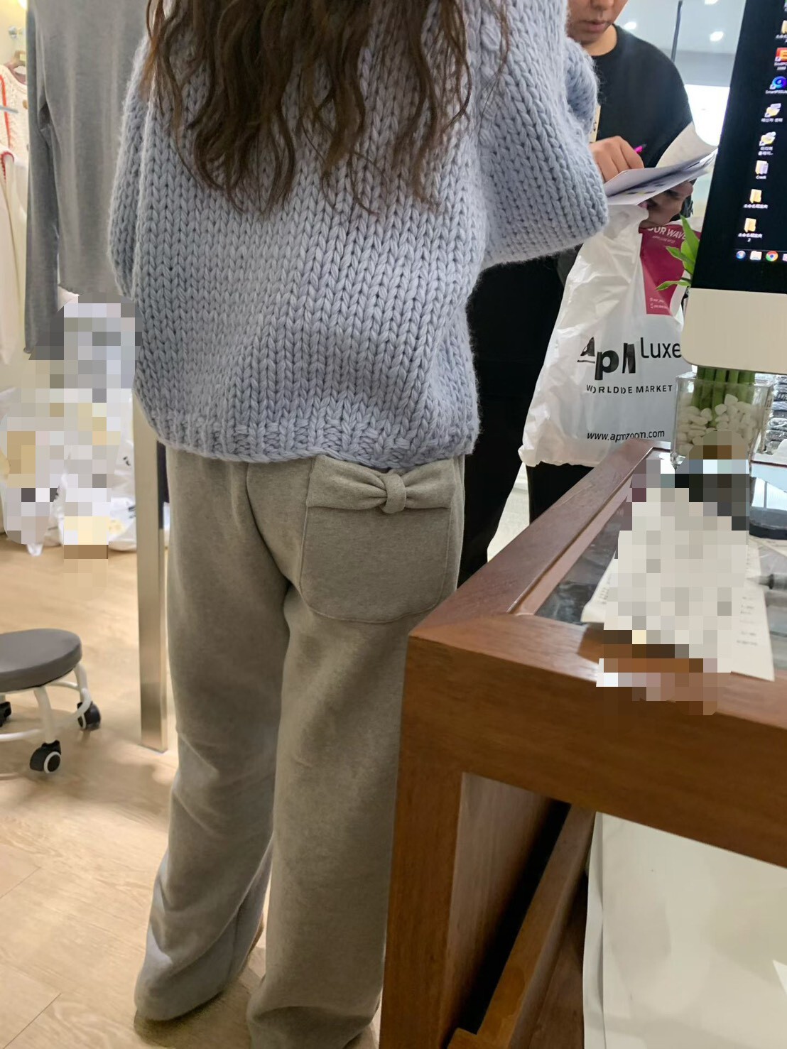 單蝴蝶結口袋內加絨厚棉褲