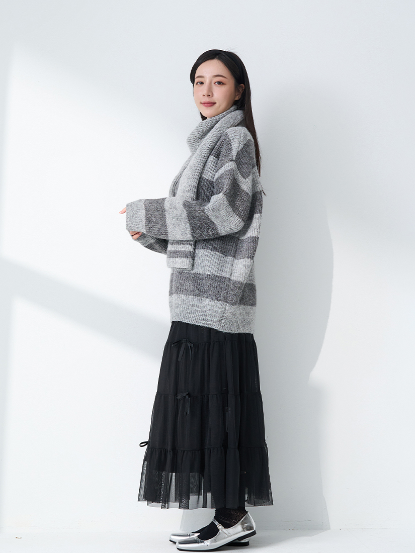 配色條紋粗針長版毛衣緞帶蝴蝶結蛋糕紗裙組合