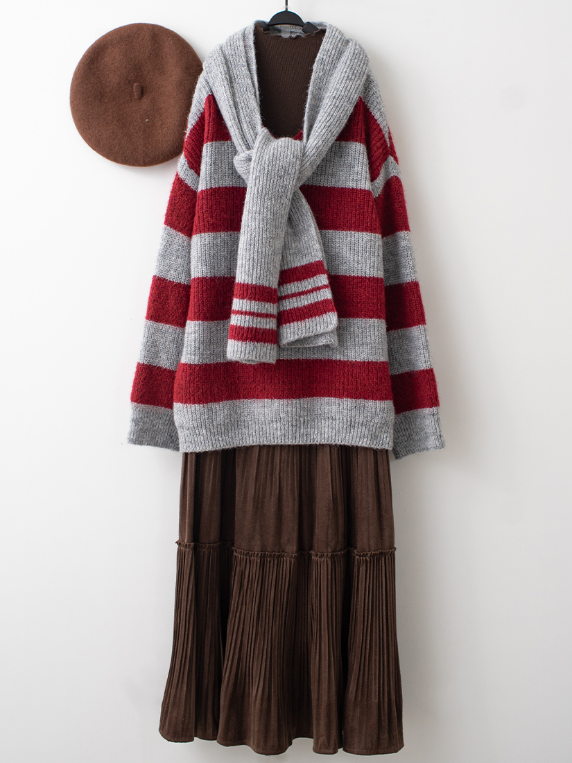 條紋鬆長版毛衣壓褶絨感長裙組合