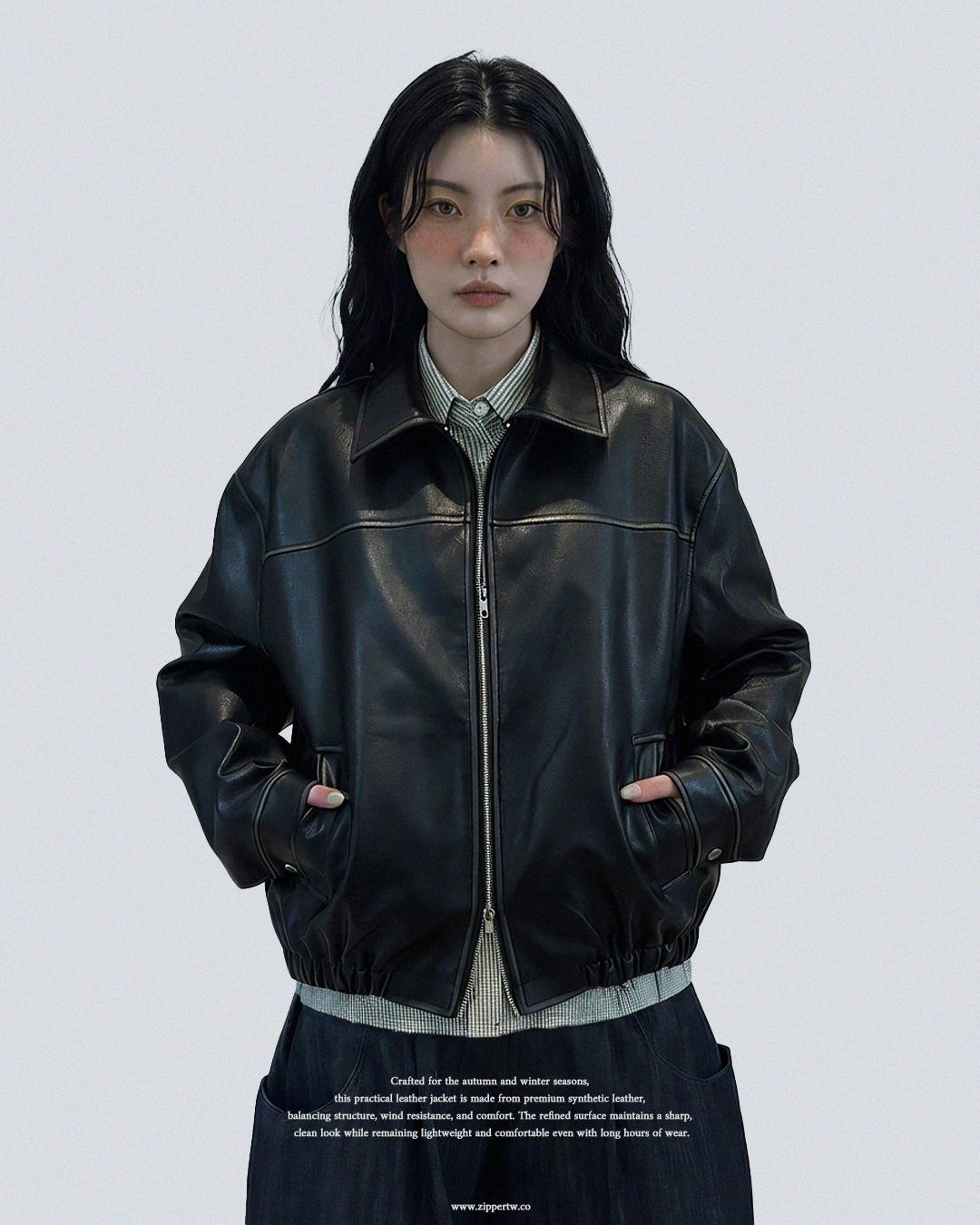 25AW Double-Zip Leather Jacket (Black / Brown) Unisex