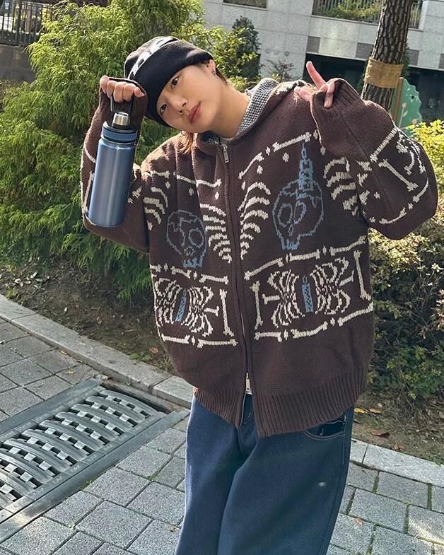 圖案連帽拉鍊針織外套 JK2672