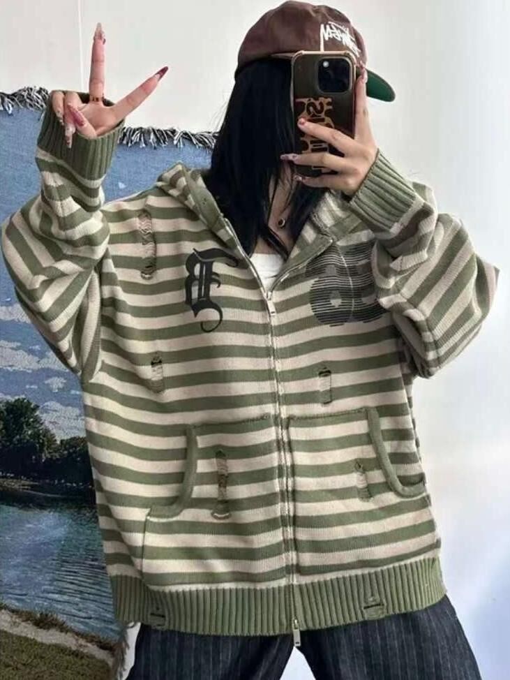 橫間數字連帽拉鍊針織外套 JK2670