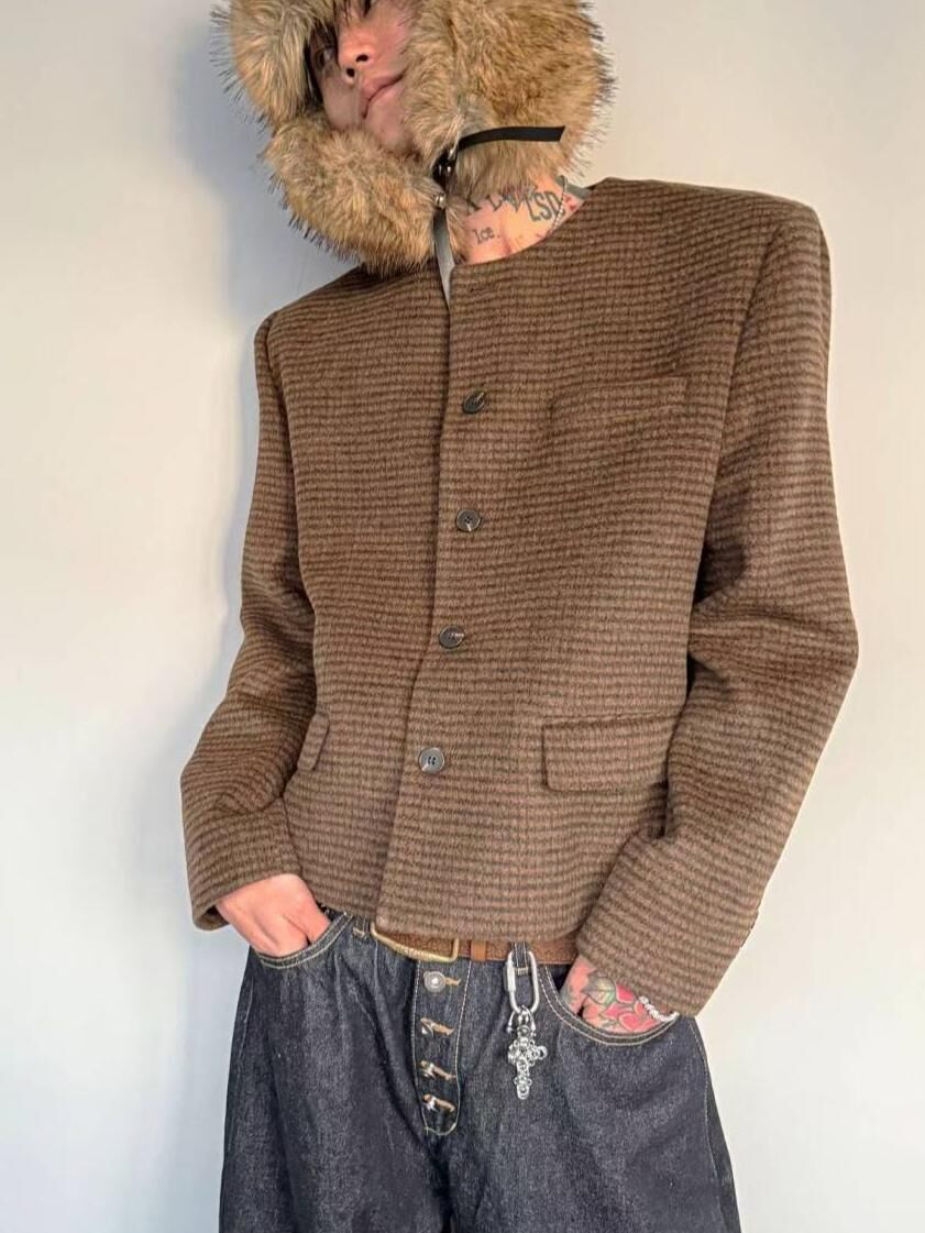 格紋開胸針織外套 C_y-140JK